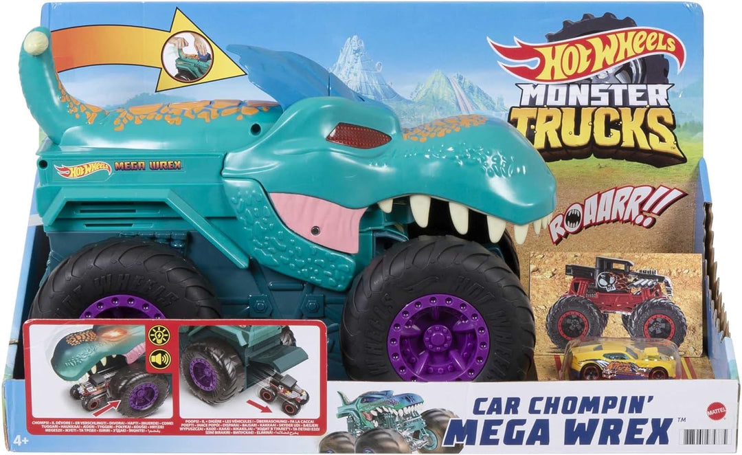 Hot Wheels Monstertruck Mega Wrex, 'frisst und verdaut' Hot Wheel Autos, mit Beleuchtung und Geräusc