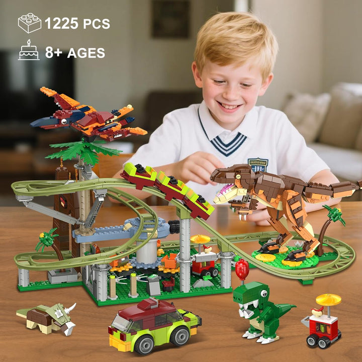 HOGOKIDS Dinosaurier Achterbahn Bausteine Spielzeug – 1222pcs Achterbahn Bauspielzeug mit 4 Dinosaur