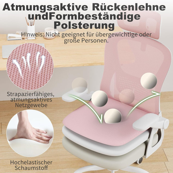 rattantree Bürostuhl Ergonomisch, Schreibtischstuhl mit Hochklappbaren Armlehnen, Kopfstütze und Rüc