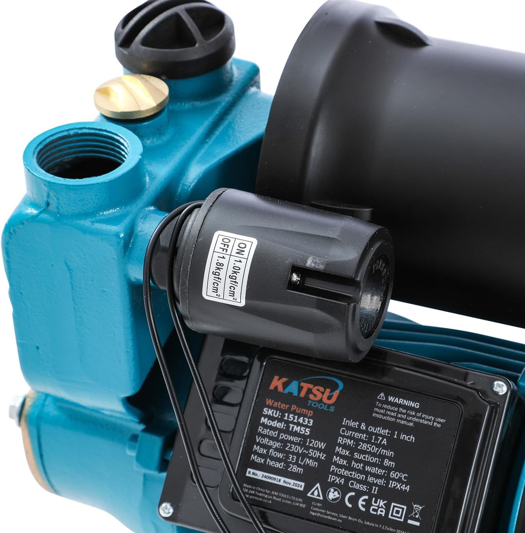 KATSU Wasserpumpe Hauswasserwerk Gartenpumpe 150W, Abschaltautomat mit einstellbarer Druckregelung,