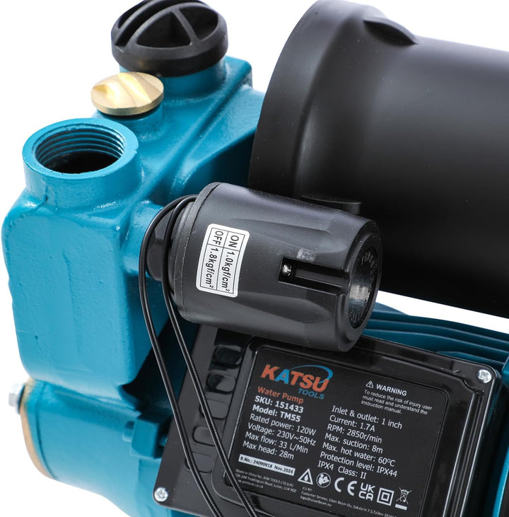 KATSU Wasserpumpe Hauswasserwerk Gartenpumpe 150W, Abschaltautomat mit einstellbarer Druckregelung,