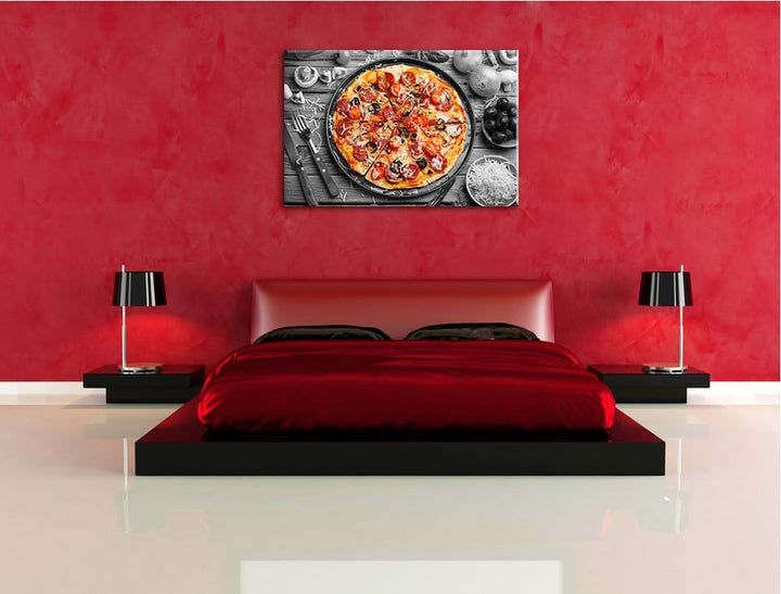 köstliche Pizza auf Pizzablech schwarz/weiss Format: 100x70 auf Leinwand, XXL riesige Bilder fertig