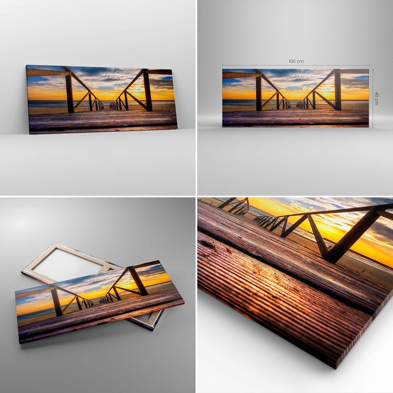 Bilder auf Leinwand 100x40cm Leinwandbild Strand Ozean Sand Holzbrücke Sonnenuntergang Gross Wanddek