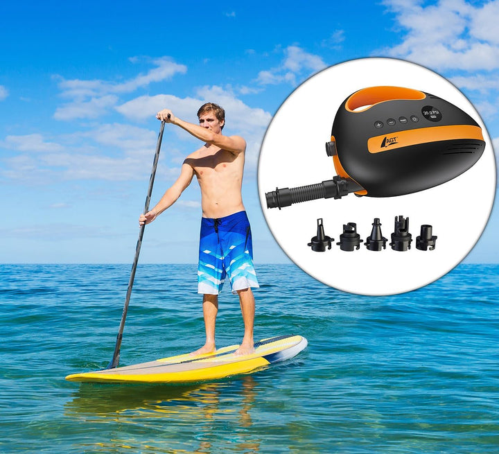AGT SUP Pumpe: Akku-Luftpumpe für SUP-Boards, 350 l/Min., 3x4.000mAh mAh, USB, 12 V (Luft-Pumpe, SUP