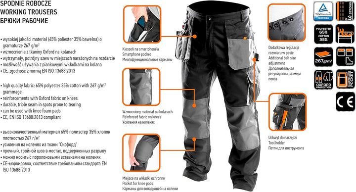 NEO TOOLS Profi Arbeitshose Multifunktion Bundhose, Sicherheitshose, Oxford-Stoffverstärkungen, vers