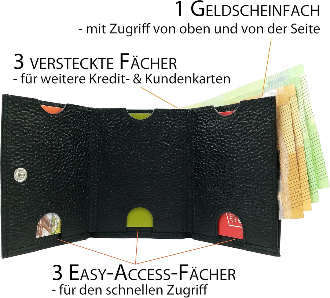 Mini Geldbörse Herren, Reise Portemonnaie, klein viele Fächer, Leder schwarz, RFID Blocker, Münzfach
