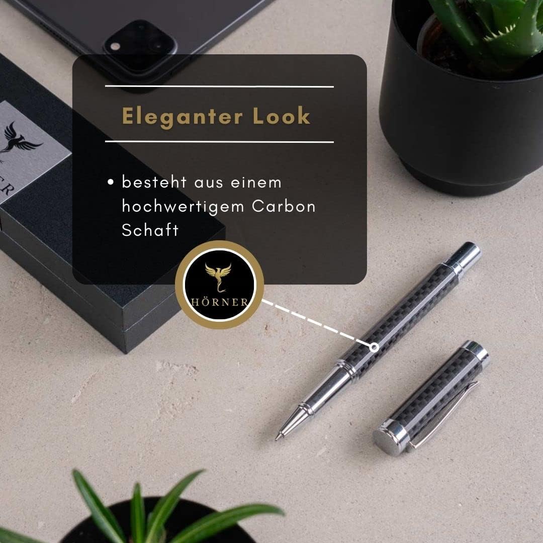 Hörner ONE - Hochwertiger Tintenroller Carbon schwarz silber | Schreibfarbe Blau 0,7 mm | Aus Metall