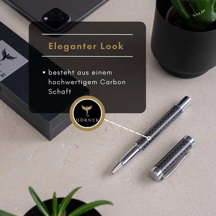 Hörner ONE - Hochwertiger Tintenroller Carbon schwarz silber | Schreibfarbe Blau 0,7 mm | Aus Metall