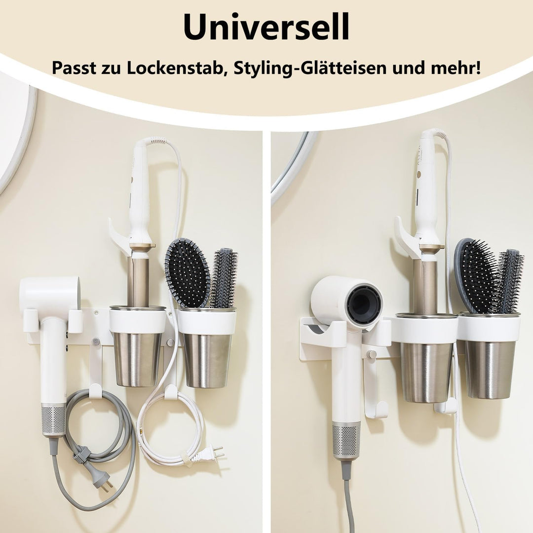 Föhn und Glätteisen Halterung, Fönhalterung ohne Bohren aus hochwertigem Aluminium in Weiss, hitzebe
