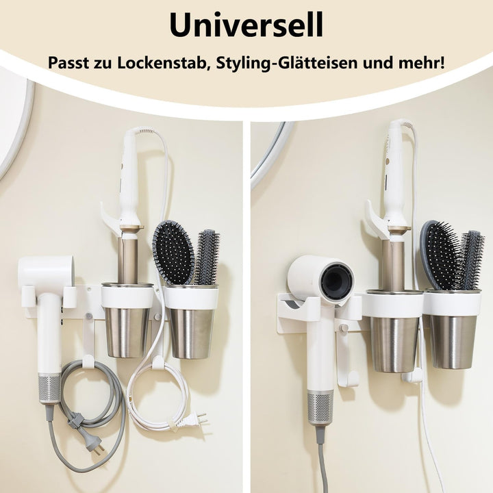 Föhn und Glätteisen Halterung, Fönhalterung ohne Bohren aus hochwertigem Aluminium in Weiss, hitzebe