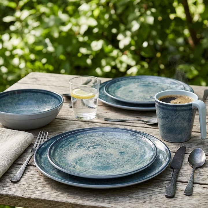Melamin Geschirr Set Mondgranit Blau-Grau für 6 Personen Camping Picknick 24 Teile - mit Tassen, 24