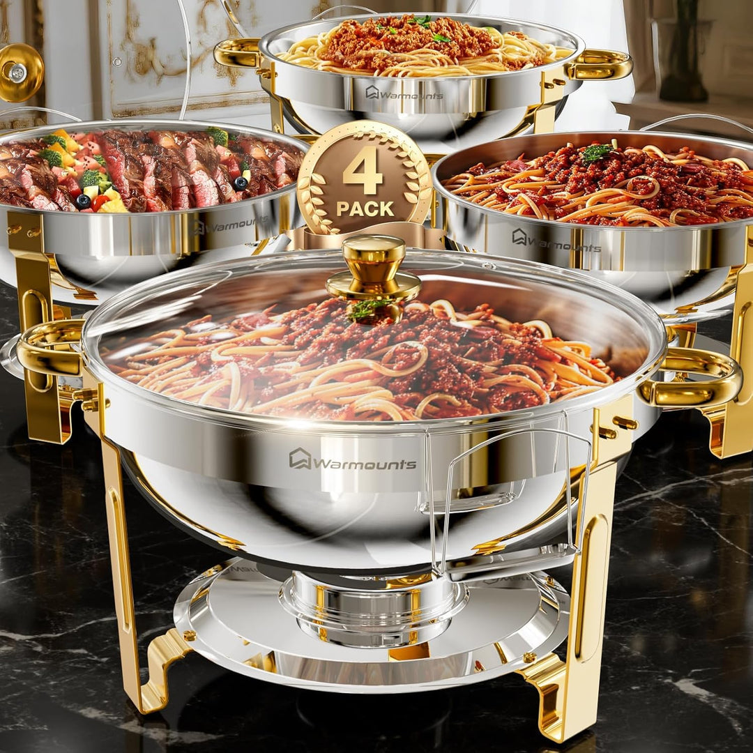 WARMOUNTS 4er Set Silber & Gold Chafing Dish Buffet 5L, Rund Speisenwärmer für Catering mit Glasdeck