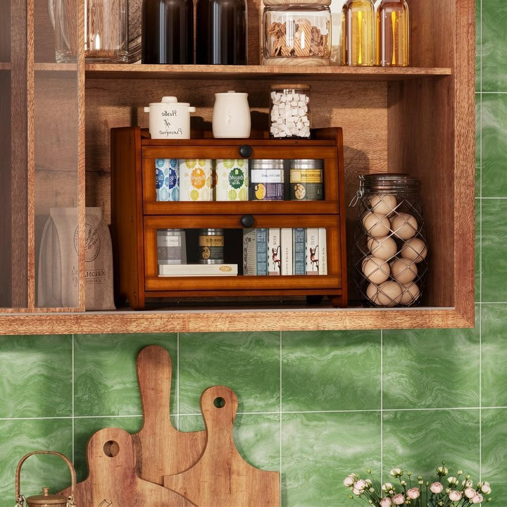 BAMBANG Gross Bambus Brotkasten für Küchentheke, 2 Stufe Bauernhaus Brotbox, Holz Brotkasten Brotauf