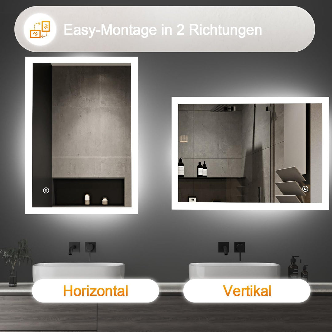 Boromal LED Badspiegel 40x60cm Badezimmerspiegel mit Beleuchtung 3 Lichtfarbe Dimmbar 3000-6500K kal