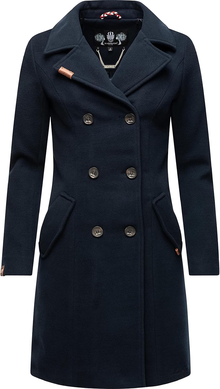 MARIKOO Damen Mantel in Wollmantel-Optik Langer Trenchcoat mit Reversekragen Nanakoo XS-5XL XS Navy,
