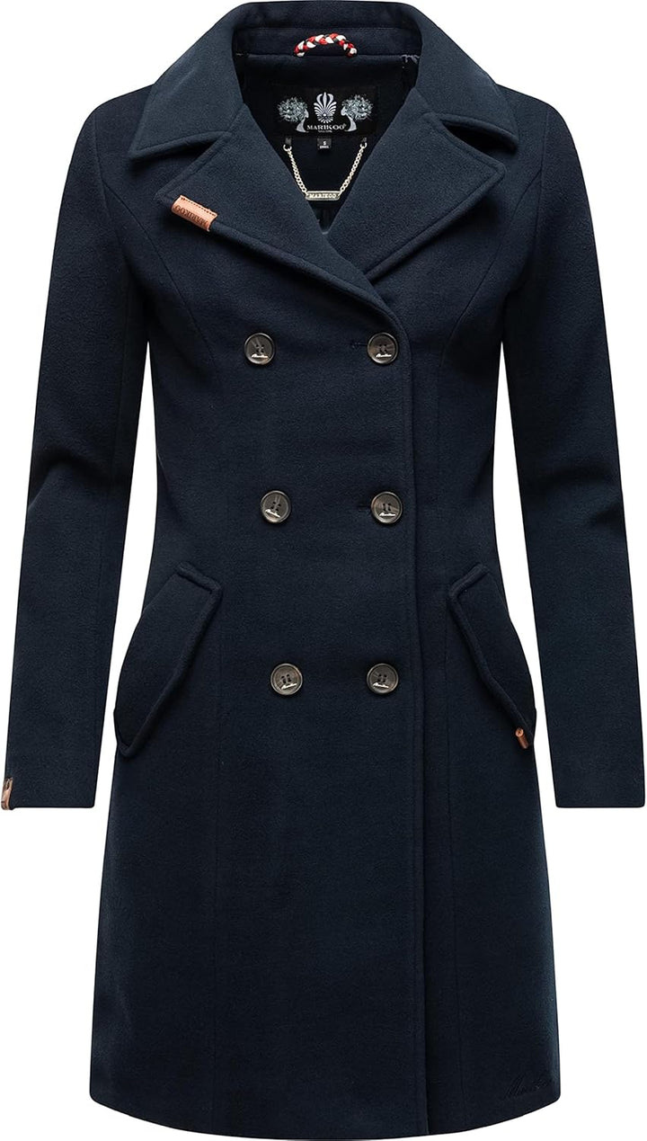 MARIKOO Damen Mantel in Wollmantel-Optik Langer Trenchcoat mit Reversekragen Nanakoo XS-5XL XS Navy,