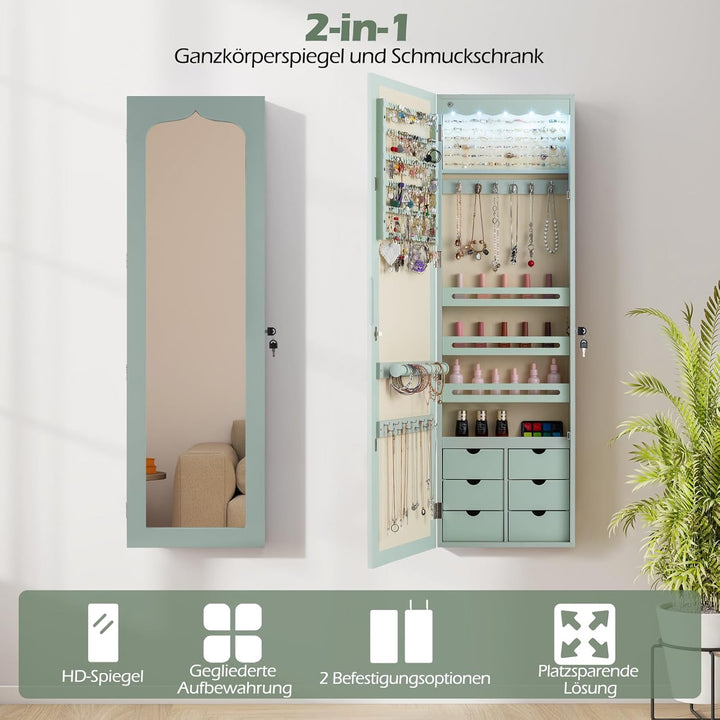 GOPLUS Schmuckschrank mit Schloss & 2 Schlüsseln, Schmuckregal mit LED-Beleuchtung, Spiegelschrank m