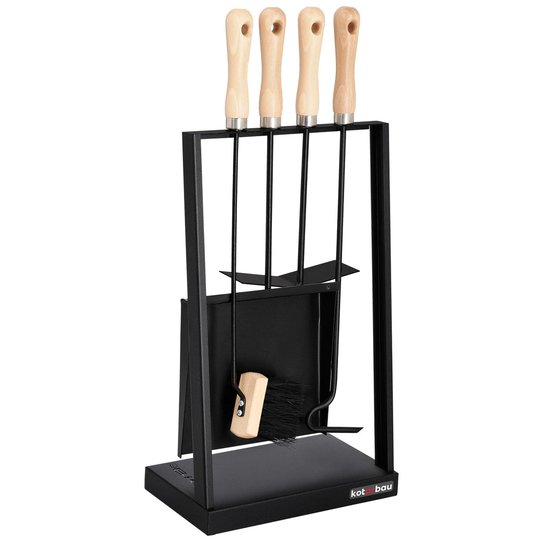 KOTARBAU® Kaminset 4tlg. Kaminbesteck Kaminzubehör mit Holzgriffe Ofenbesteck aus Stahl Besen Kehrsc