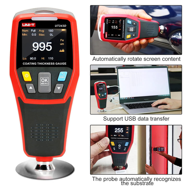 UNI-T UT343D Digitales Schichtdickenmessgerät Messgerät Messbereich 0 bis 1250 um mit USB-Datenfunkt
