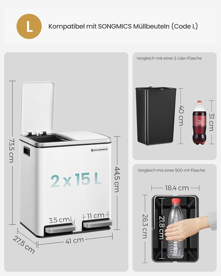 SONGMICS Mülleimer Küche, 2 x 15 Liter, Mülltrennsystem 2 Fächer, Abfalleimer, Treteimer, für gelben