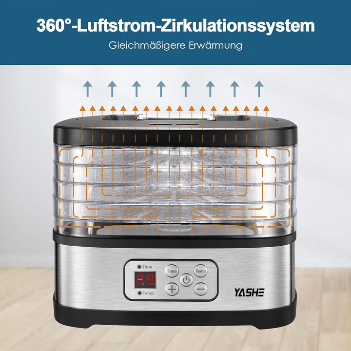 YASHE GGJ-261B Dörrautomat mit LED-Display, Temperaturregelung 35-70°C & 72-Stunden-Timer, 5 höhenve