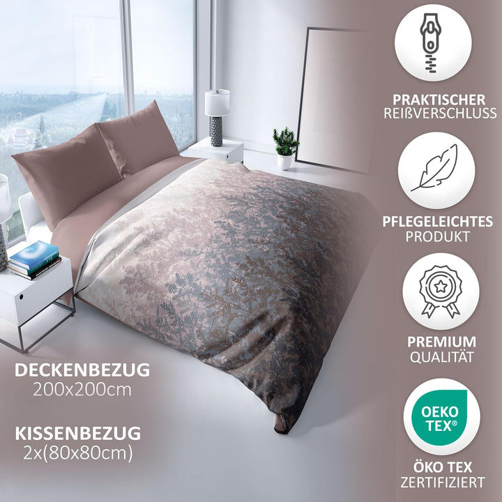 Leonado Vicenti Renforcé Bettwäsche 200x200 cm 100% Baumwolle 3 Teilig Florales Design Braun Beige S