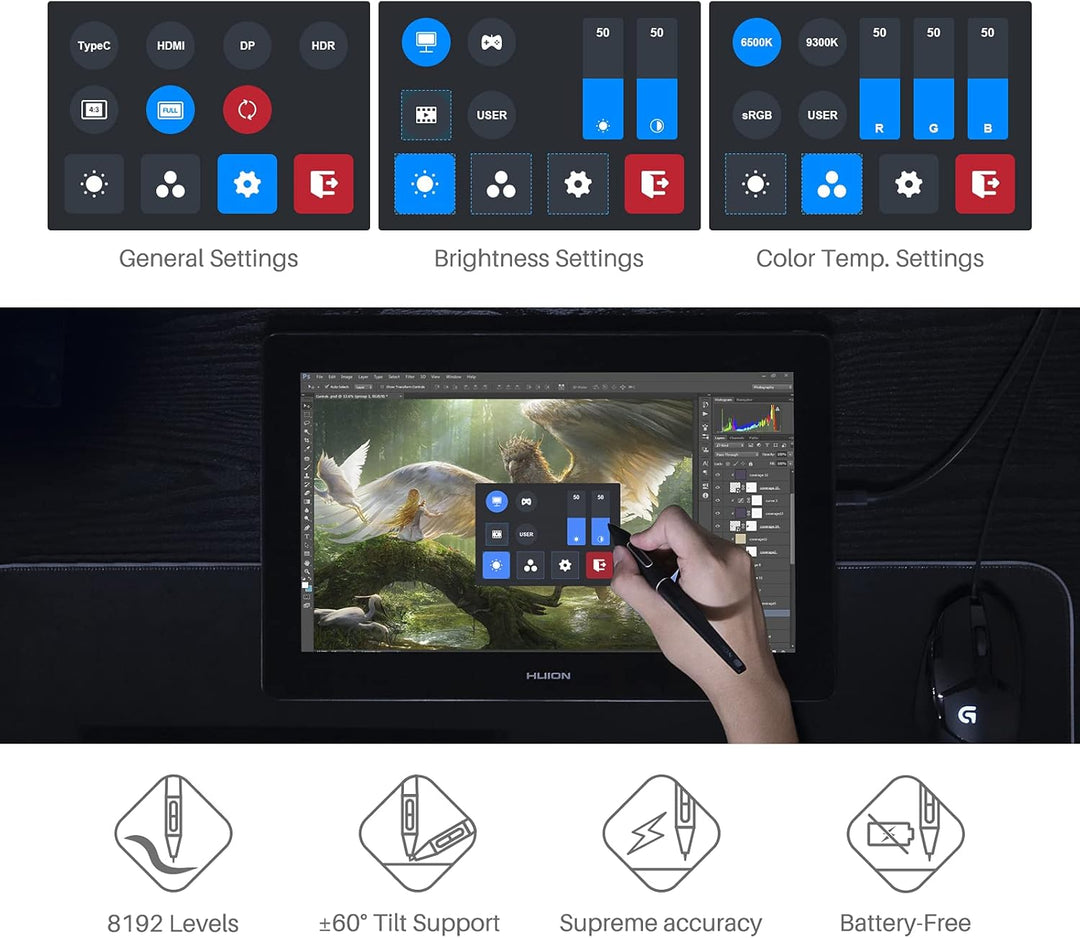 HUION Kamvas Pro 16 4K UHD Grafiktablett mit Display, Blendfreier Grafikmonitor mit Vollständig Lami