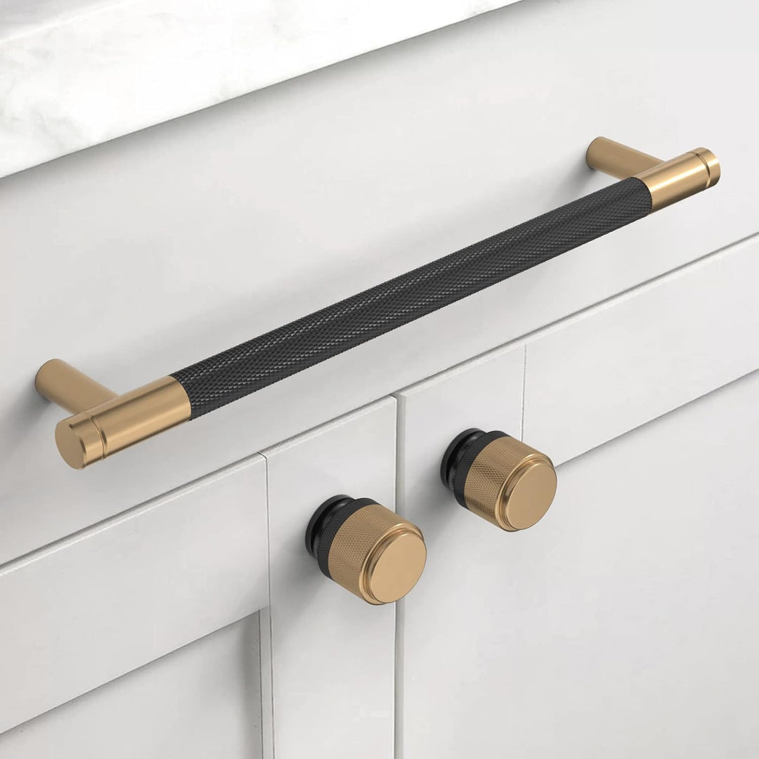 Amerdeco 10 Stück Mattes Schwarz-Gold Schrankgriffe 192mm Lochabstand, Aluminium Griffe für Küchensc