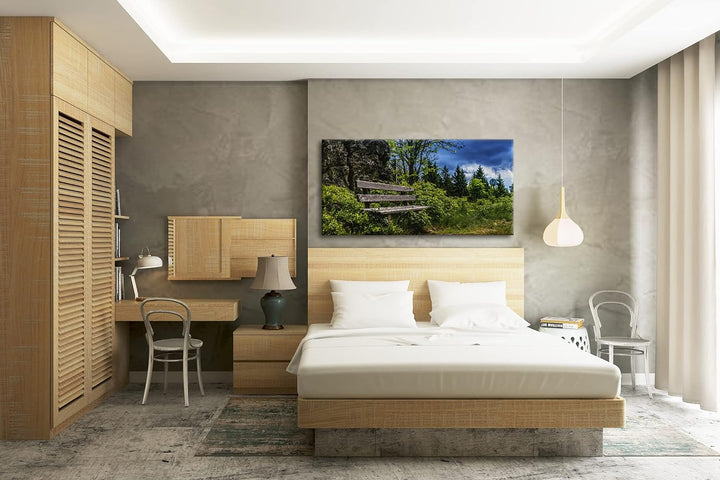 einsame Bank am Waldrand Panorama 120x60 cm als Leinwandbild, Motiv fertig gerahmt auf Echtholzrahme