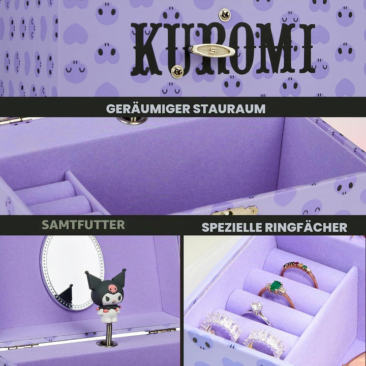 Hello Kitty Sanrio Kuromi Schmuckkästchen Mädchen mit Spieluhr, Spiegel, Schmuckschatulle Kinder für