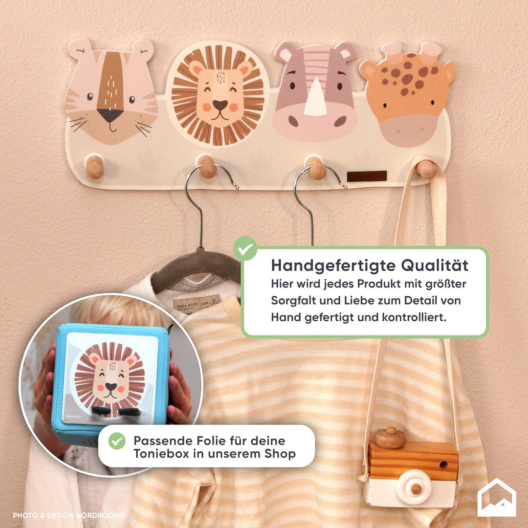Kindergardroben mit 4 Haken - Wandgarderobe mit Tiermotiven für Kinderzimmer - Garderobenhaken aus H