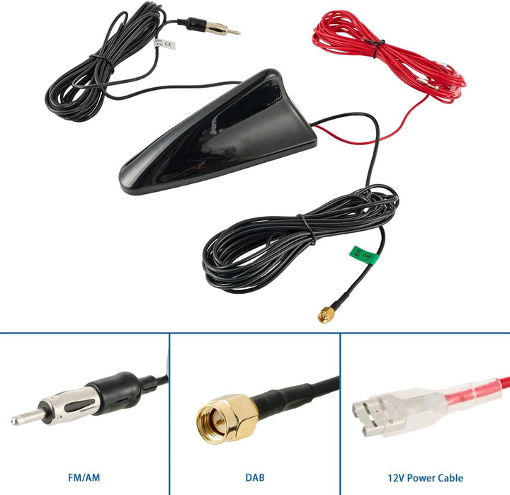 Vecys DAB DAB+ Car Antenna Shark Fin FM/AM Radio Antenna Signal Booster SMA to DIN Plug Connector Ca