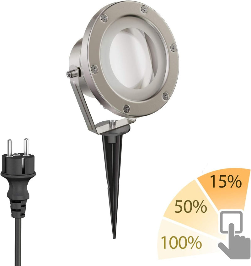 ledscom.de LED Gartenstrahler BULA mit Erdspiess für aussen, Edelstahl, GX53 Lampe 541lm 140° warm-w