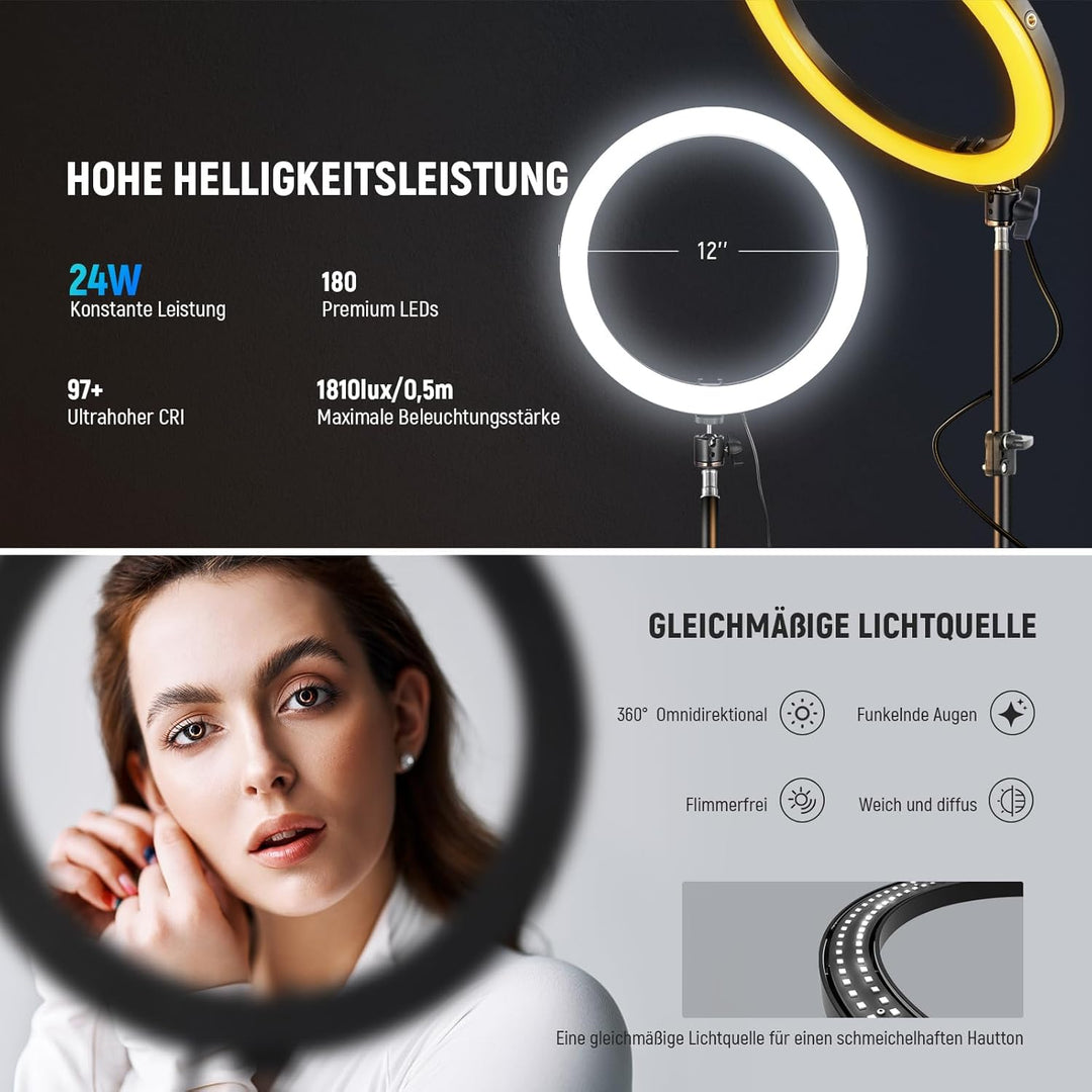 NEEWER 12" 24W Power LED Ringlicht mit Stativständer, zweifarbig 2900-7000K, USB C PD Eingang, CRI97