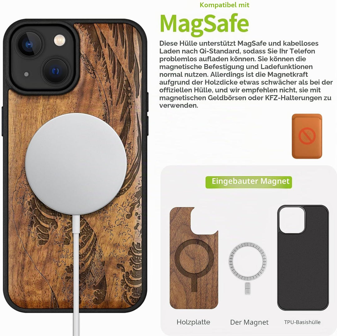 Carveit Handyhülle für iPhone 15 Cover Kompatibel mit Magsafe [Holz und TPU Silikon Hybrid hülle] Ma