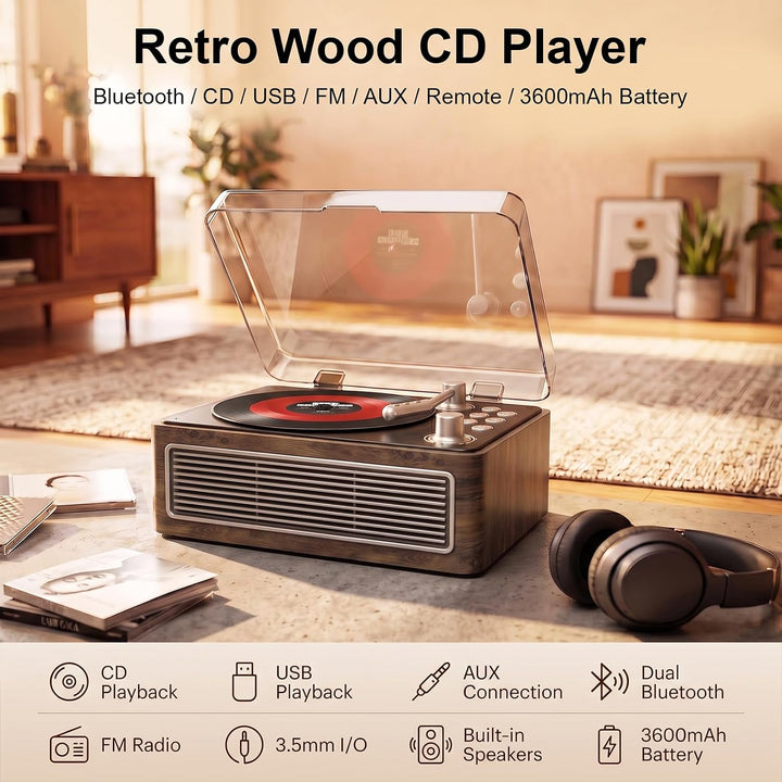 Gueray Tragbarer Bluetooth CD-Player mit Lautsprechern 3600mAh Wiederaufladbarer Vintage CD Spieler