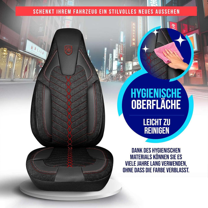 Autositzbezüge Universal für Wohnmobil & Caravan - Vordersitze Auto Sitzbezug aus Leinen, Schwarz-Ro