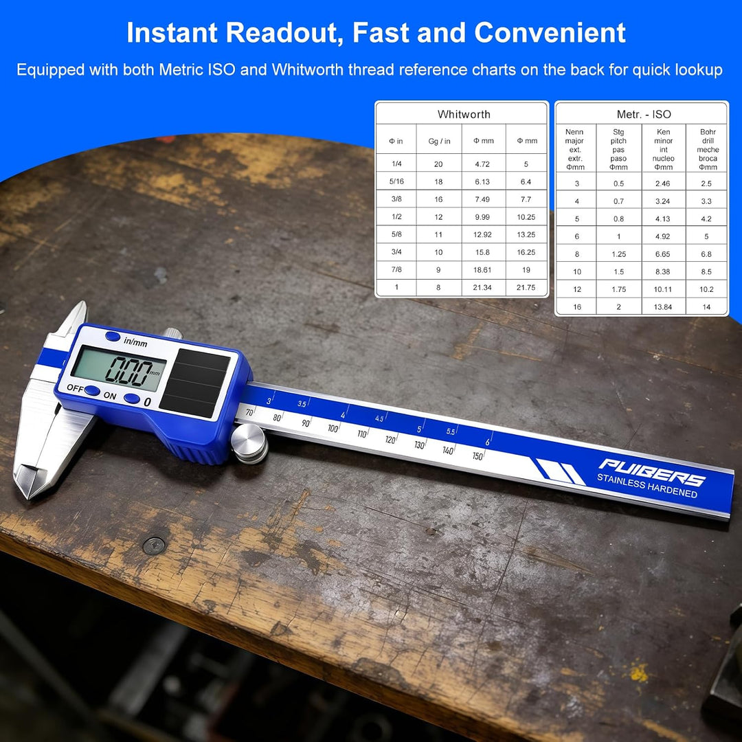 solar-powered electronic vernier calipers, with dual IN/MM scale display, one-second reading, and pr