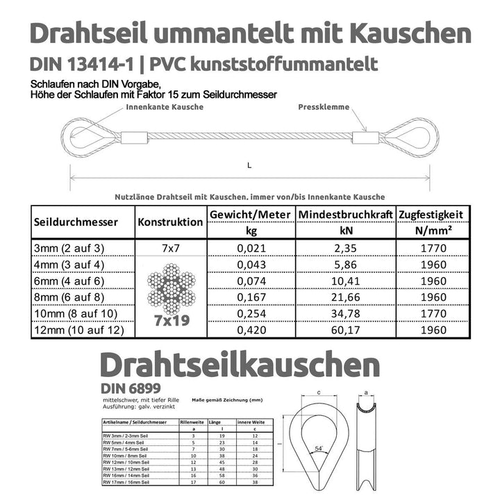 Drahtseile24 Stahlseil ummantelt mit Kauschen, Drahtseil ummantelt mit Kausche – Schlaufenkabel, Sta