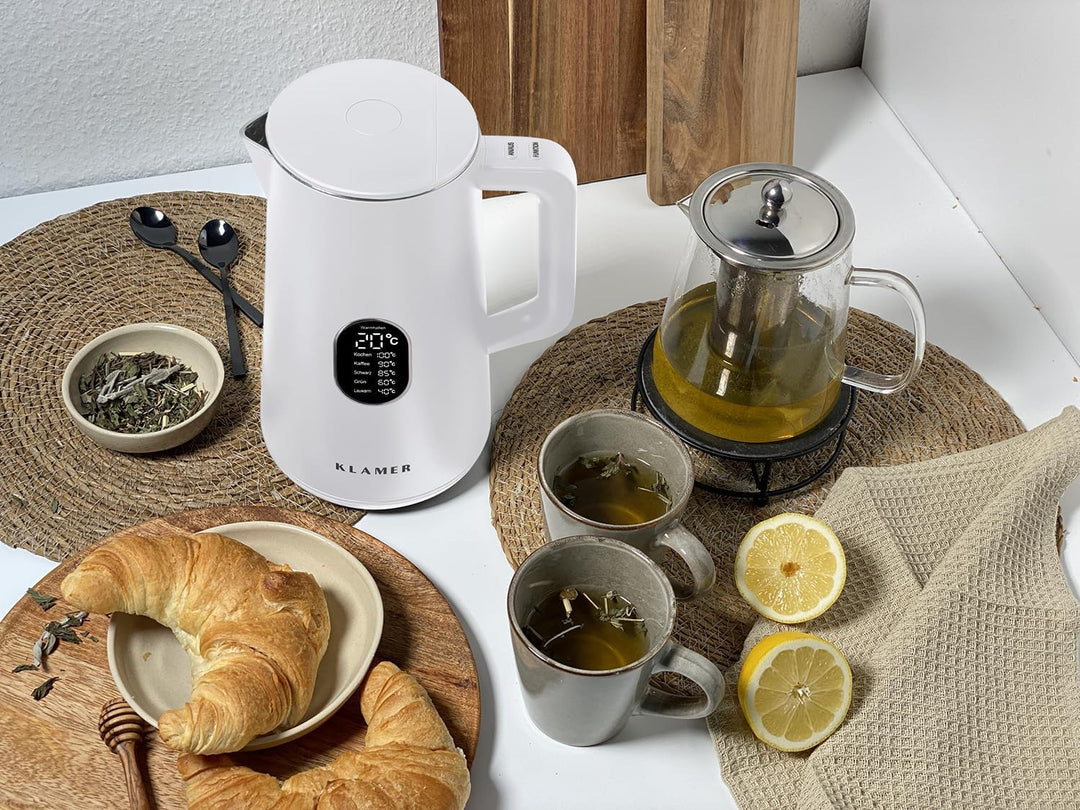 KLAMER Wasserkocher Edelstahl 1,5L 1800W elektrischer Wasserkocher weiss mit Temperatureinstellung z