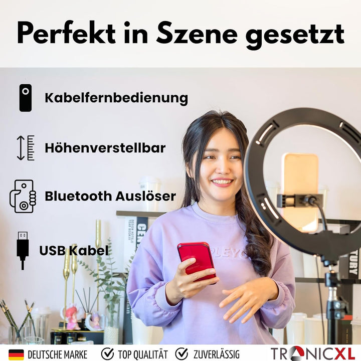 RGB LED Ringlicht mit 210cm Stativ und Selfie Auslöser + Ring Light Smartphone Halterung Tripod Beau