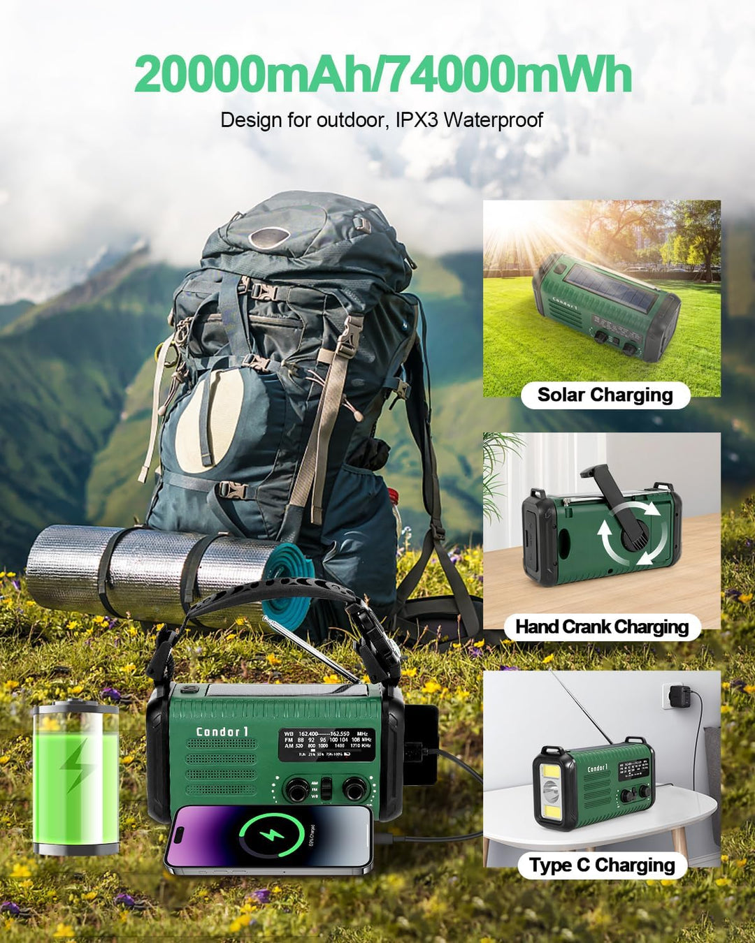 20000mAh Kurbelradio, tragbares Solar-Notfallradio mit AM/FM-Empfang, SOS Alarm, LED-Leselicht und T