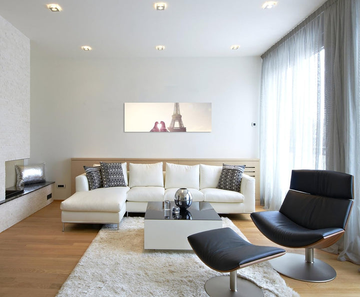 Paul Sinus Art Panoramabild 150x50cm Fotografie – Turteltauben vor dem Eiffelturm Paris auf Leinwand