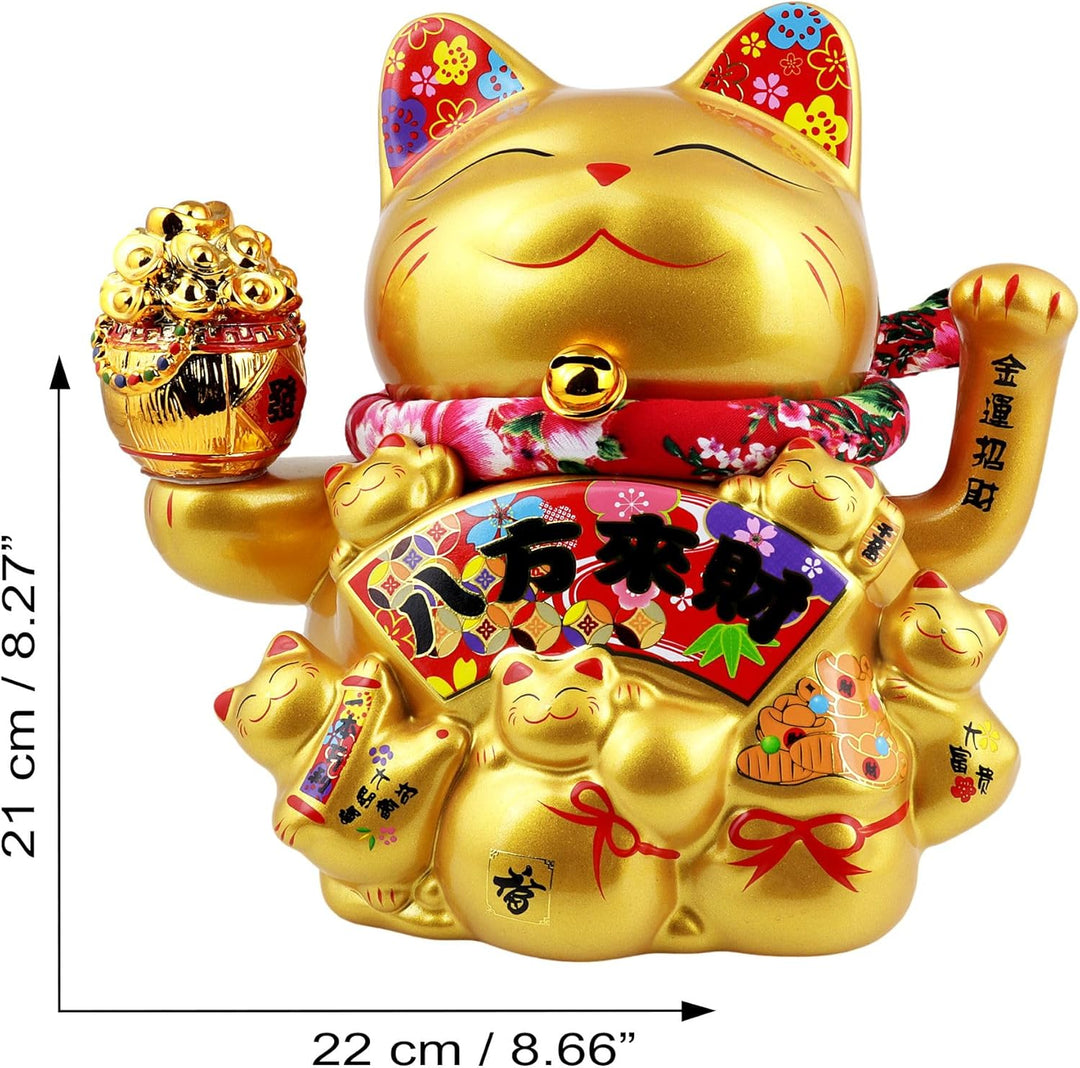 Freak Scene Glückskatze Maneki-Neko Winkekatze Porzellan 21cm Gold winkende Katze Lucky cat
