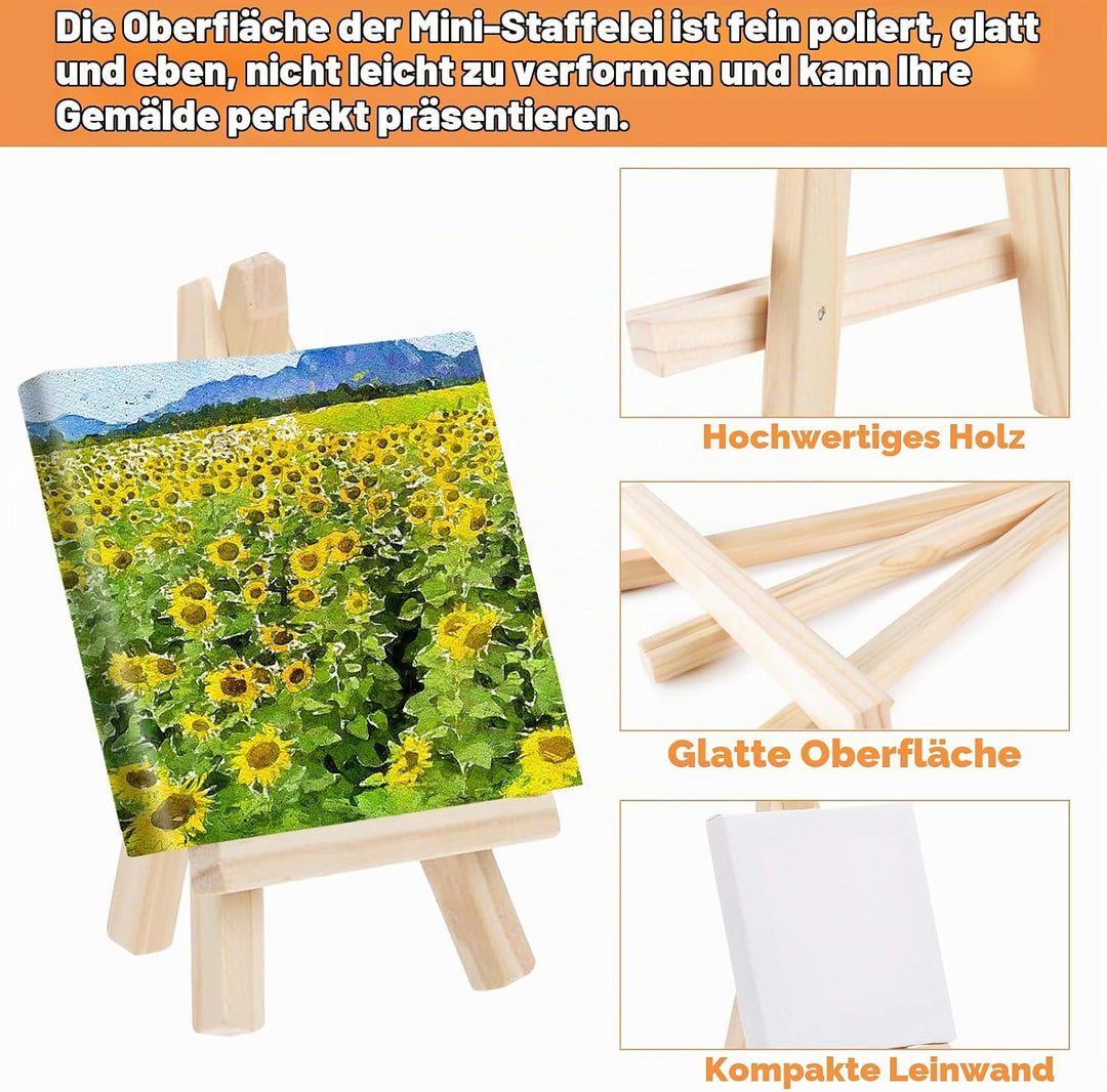 47 Stück Mini Leinwand mit Staffelei, Tischstaffelei Set, Leinwand 10x10cm mit 12 Farbige Acrylfarbe