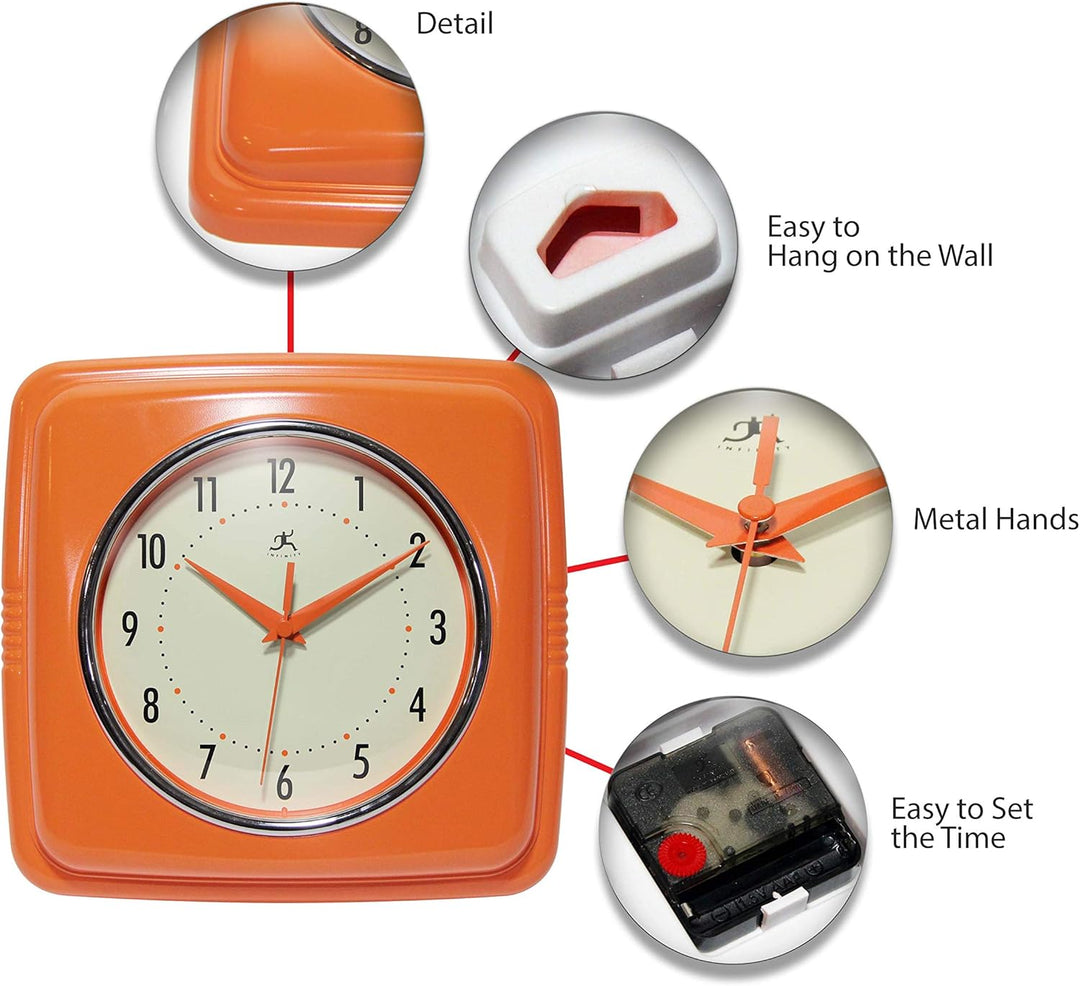 Infinity Instruments Quadratische, stille Retro-Wanduhr, 22,9 cm, Mitte des Jahrhunderts, Moderne Kü