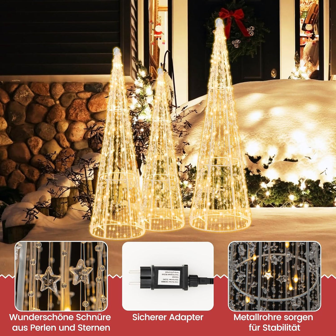 COSTWAY 3er Set LED Weihnachtsbaum in Kegelform, beleuchtete Weihnachtsdeko mit 90 warmweissen LED-L