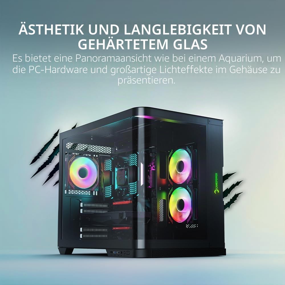 GAMEPOWER Warcry Vertex Curved Gaming PC Gehäuse, ATX Mid Tower, Desktop Computer Case Tempered Glas
