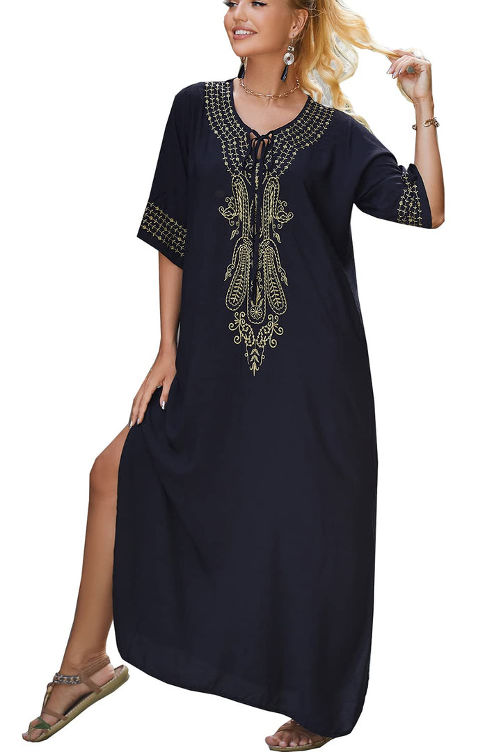 L-Peach Damen Stickerei Kaftan Loungewear Homewear Übergrosse Kimono Maxi Strandkleid Cover Ups Robe