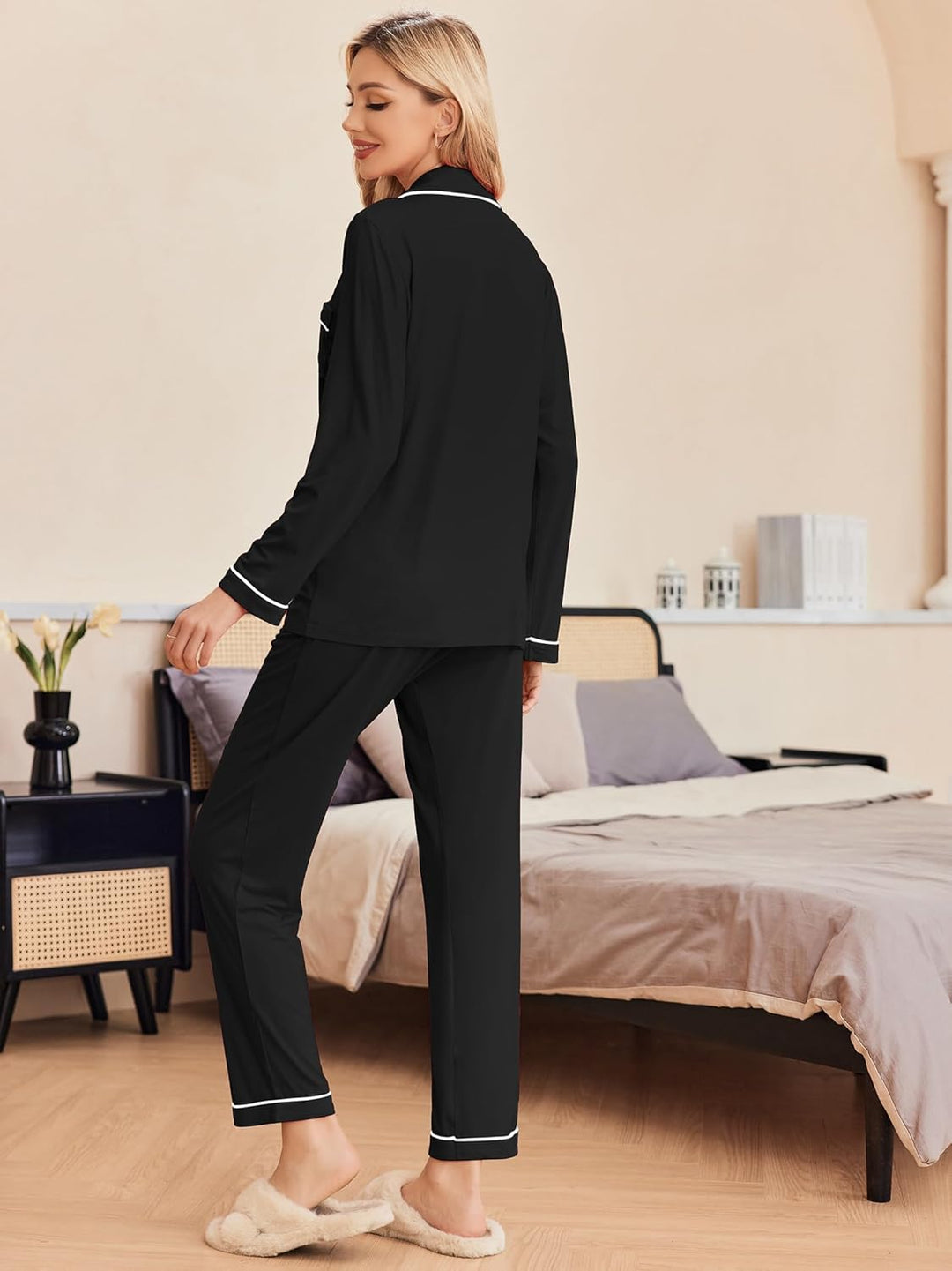 Ekouaer Damen Pyjama Langarm Nachtwäsche Casual Button Down Loungewear Weich Pjs Set S-XXL S Schwarz